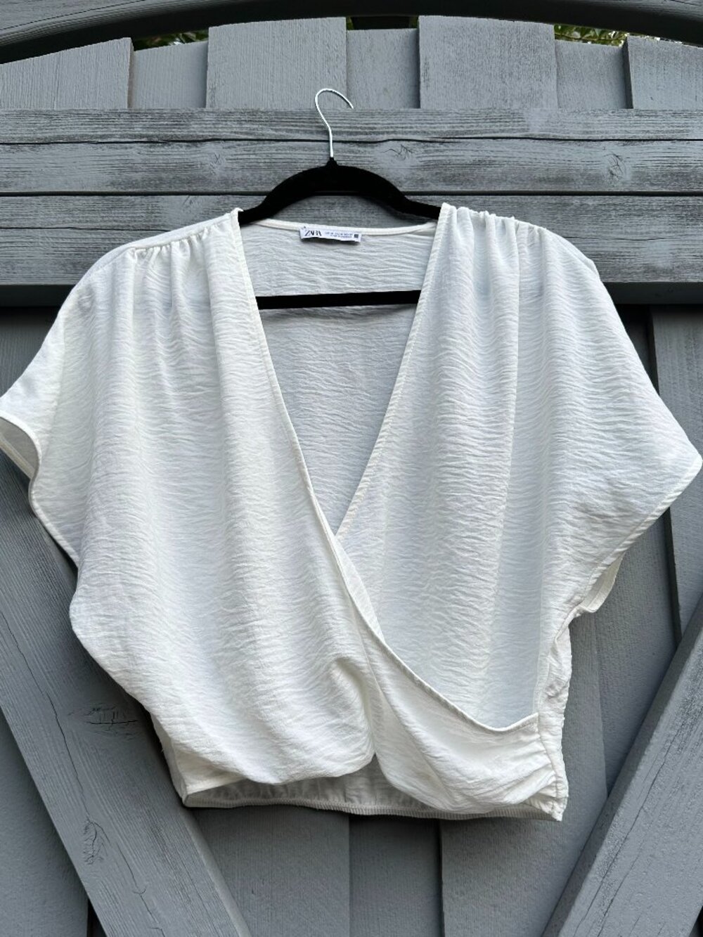 Zara White Textured Faux Wrap Crop Blouse Short Sleeve Women's Medium EU M